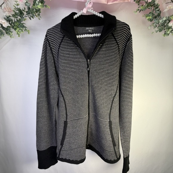 Eddie Bauer Sweaters - Eddie Bauer Womens Striped Full Zip Mock Neck Sweater Jacket Charcoal White L